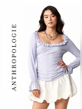 Anthropologie Lavender Ruffle-Scoop Long Sleeve Top